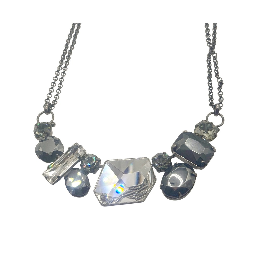 Sorrelli Gunmetal Crystal Statement Bib Necklace Grey Clear Multi Shape Stones